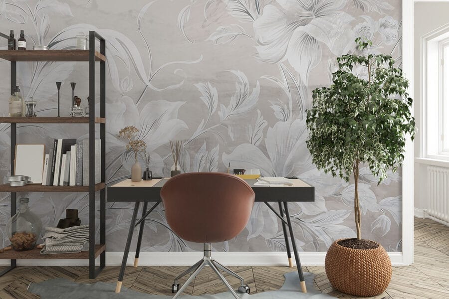 Motivo floral blanco y gris