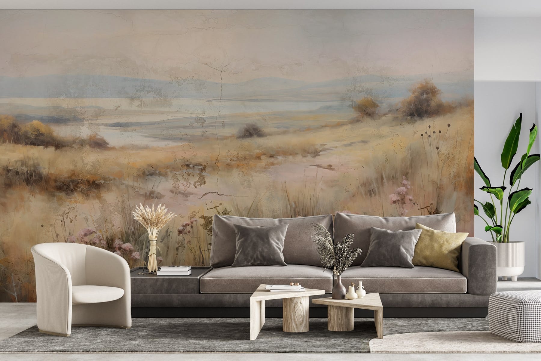 Painting of a field with flowers and a lake