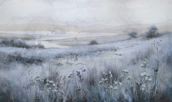 Pintura de un campo de hierba y un río Pintura de un campo de hierba y un río