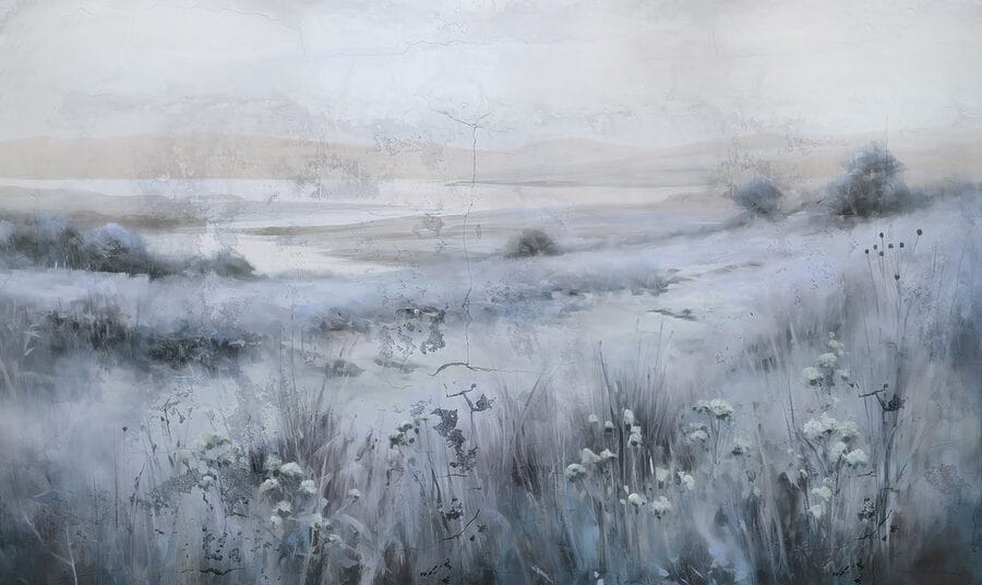 Pintura de un campo de hierba y un río