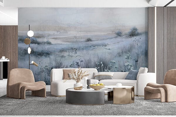 Pintura de un campo de hierba y un río Pintura de un campo de hierba y un río