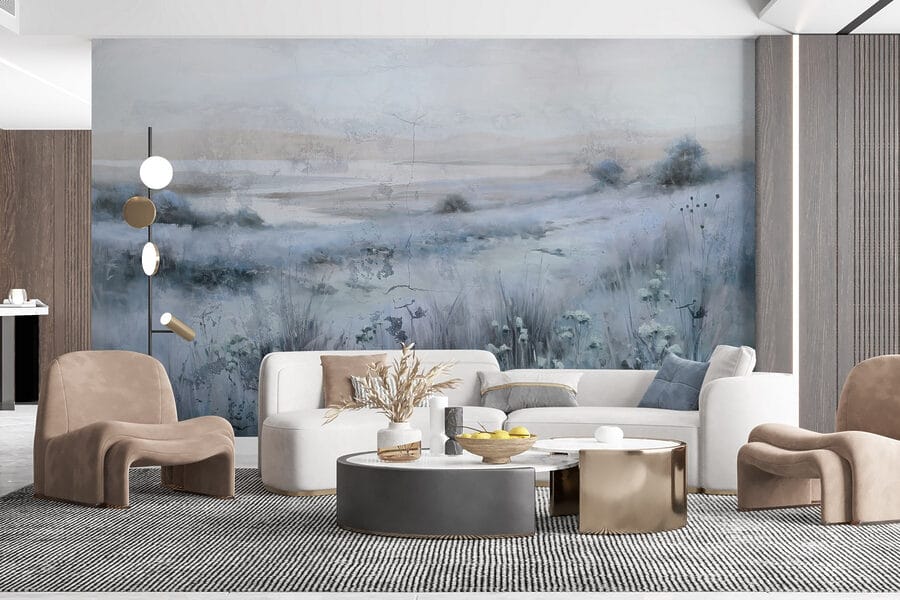 Pintura de un campo de hierba y un río