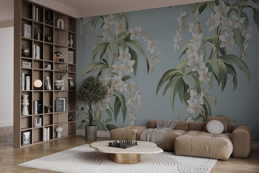 Papel pintado con flores blancas