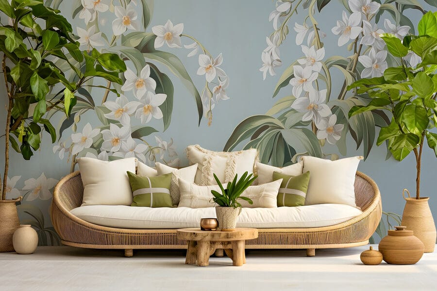 Papel pintado con flores blancas