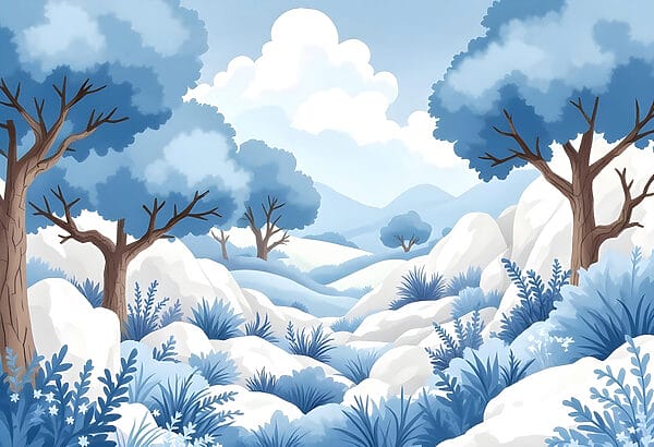 Paisaje nevado con árboles y arbustos Paisaje nevado con árboles y arbustos