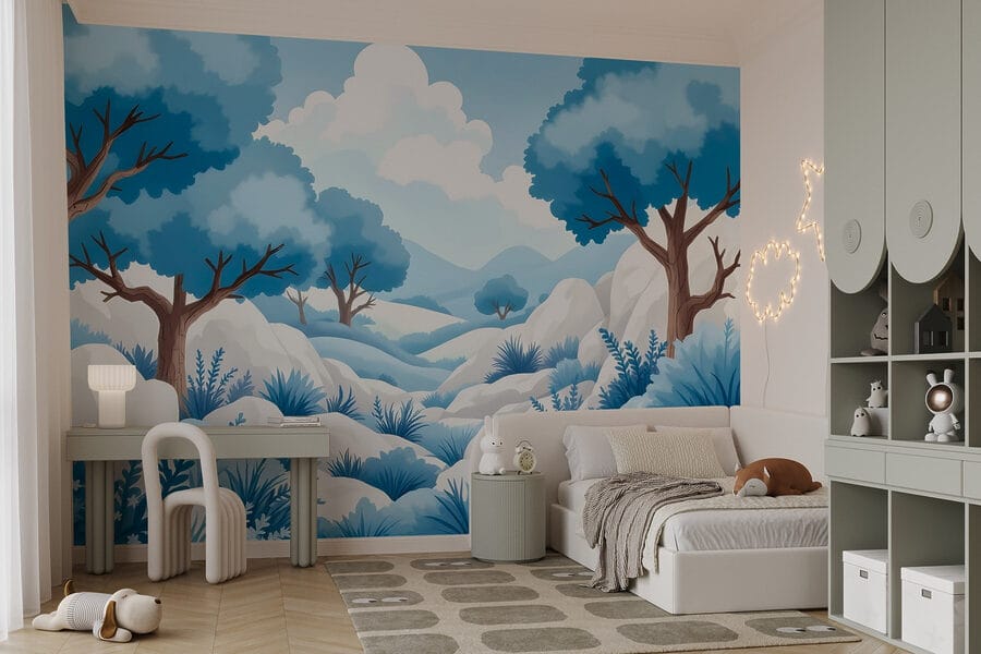 Paisaje nevado con árboles y arbustos