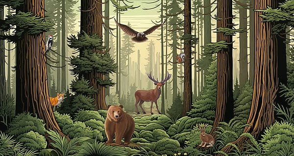 Bosque con animales y pájaros Bosque con animales y pájaros