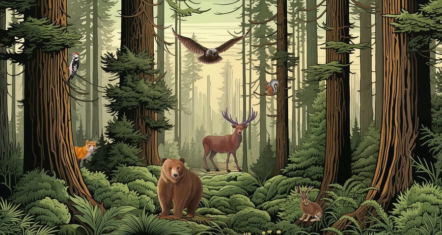 Bosque con animales y pájaros