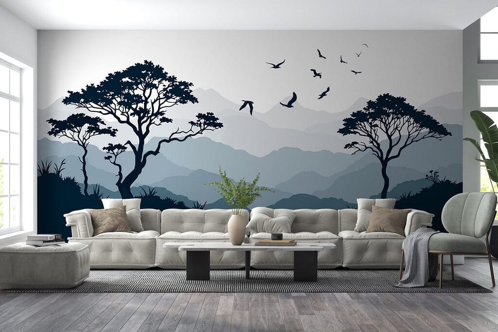 Birds flying over a mountain range