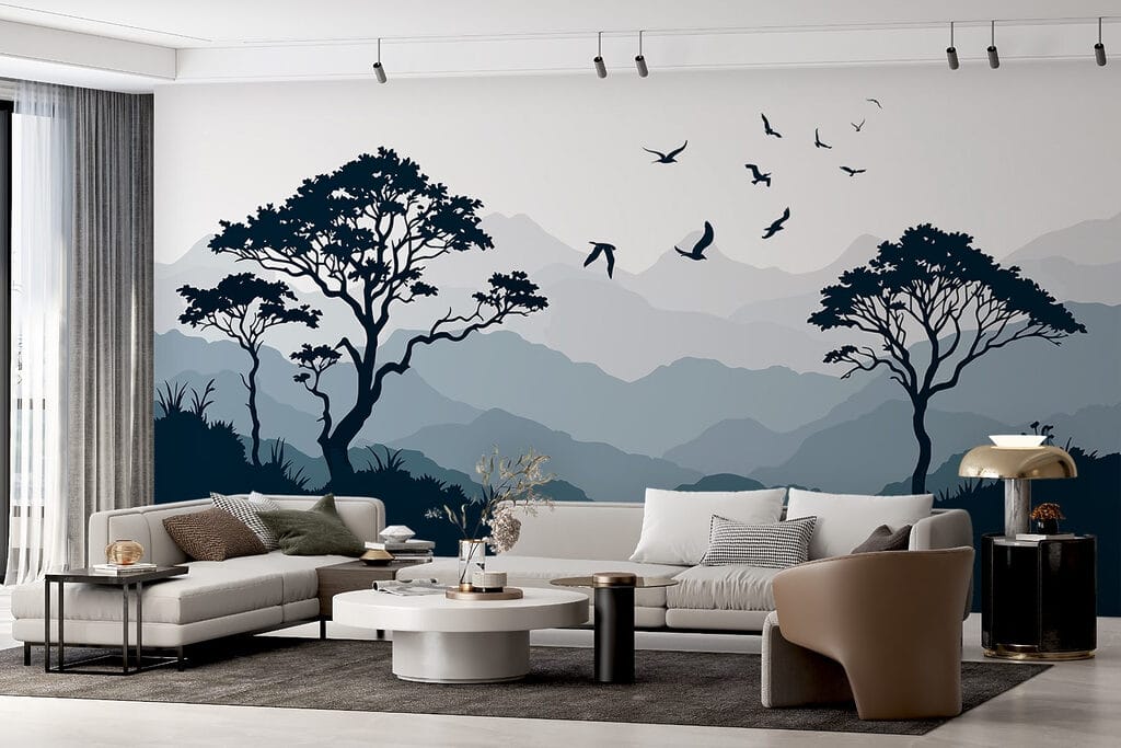 Birds flying over a mountain range