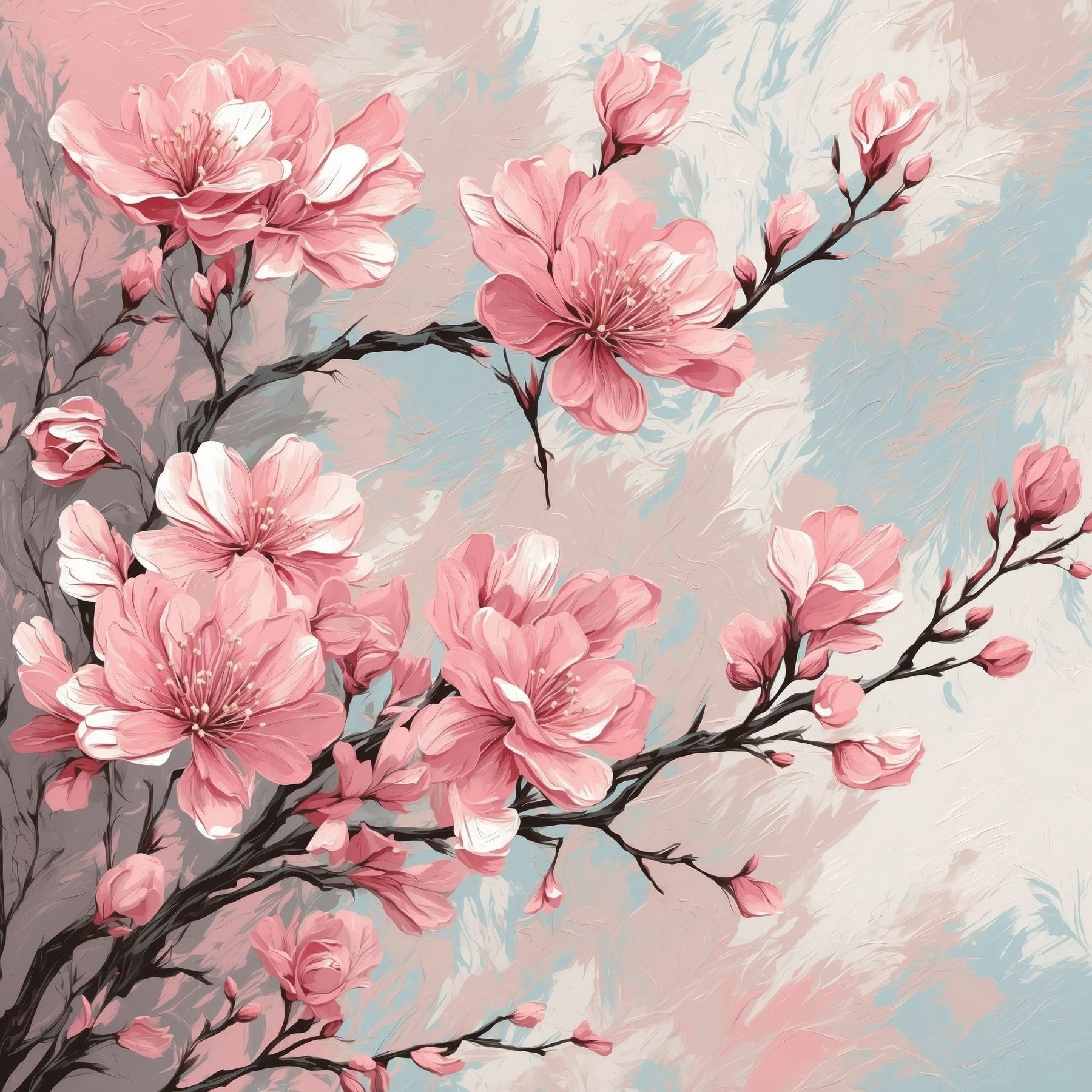 Painting of pink flowers on a branch Painting of pink flowers on a branch