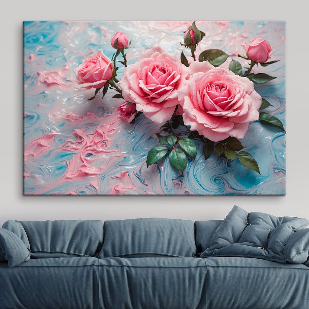 Group of pink roses on a blue and white surface