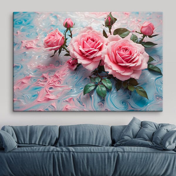 Cuadros Ramo de rosas rosas sobre un fondo azul y blanco (SKU: s42919) Cuadros Cuadros Ramo de rosas rosas sobre un fondo azul y blanco (SKU: s42919)