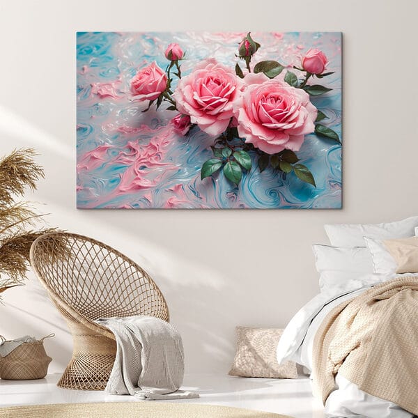 Group of pink roses on a blue and white surface