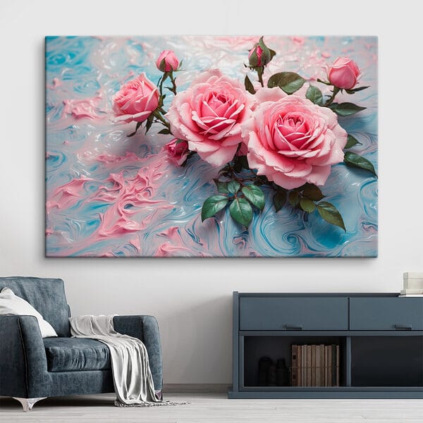 Group of pink roses on a blue and white surface