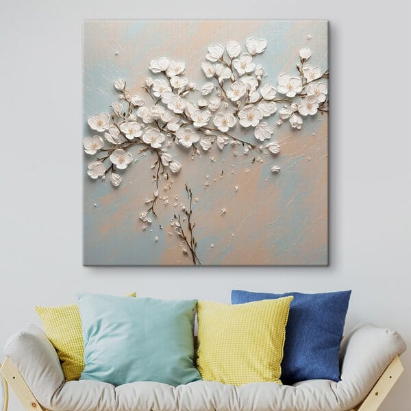 White flowers on a blue and white background White flowers on a blue and white background
