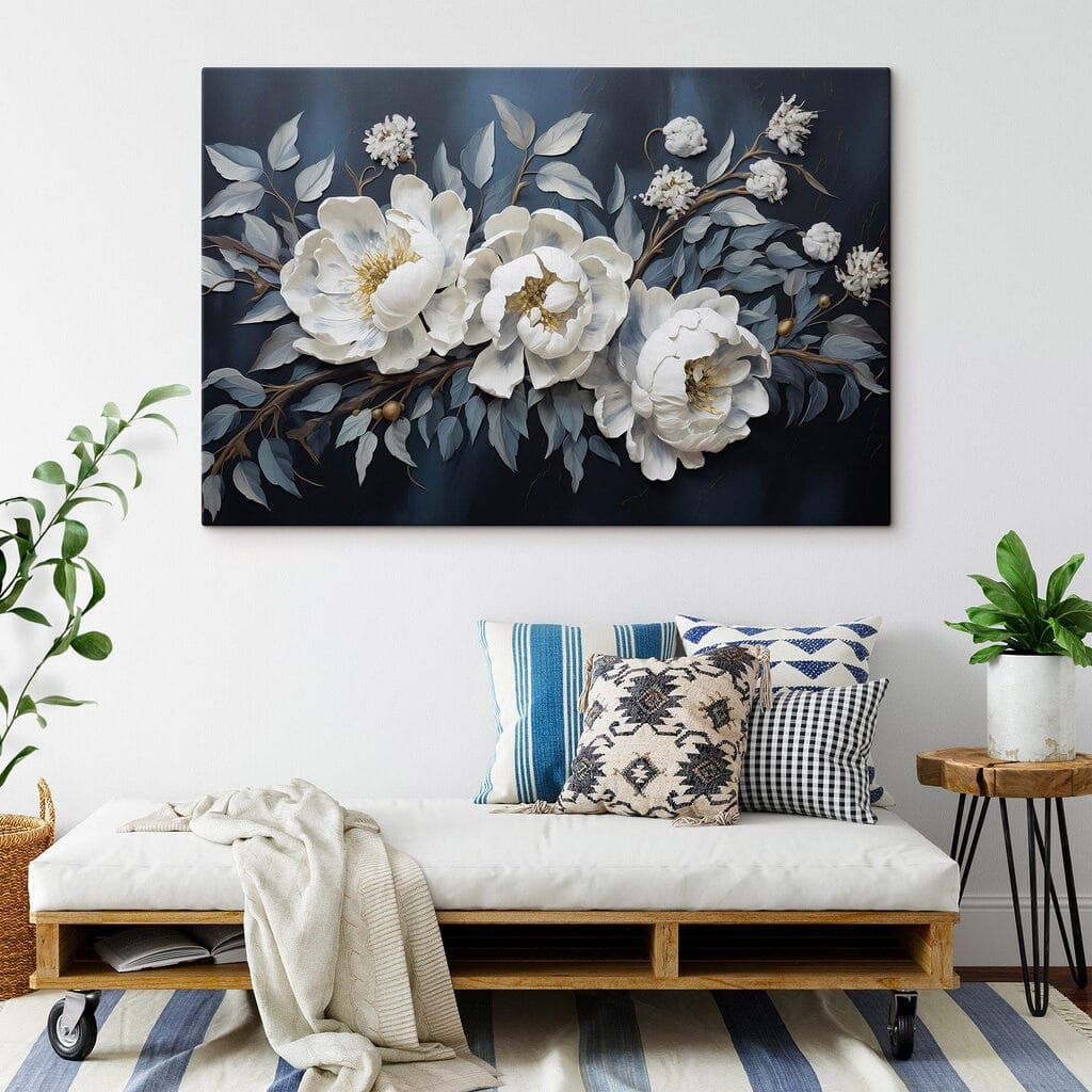 White flowers and leaves on a blue background