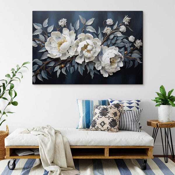 White flowers and leaves on a blue background