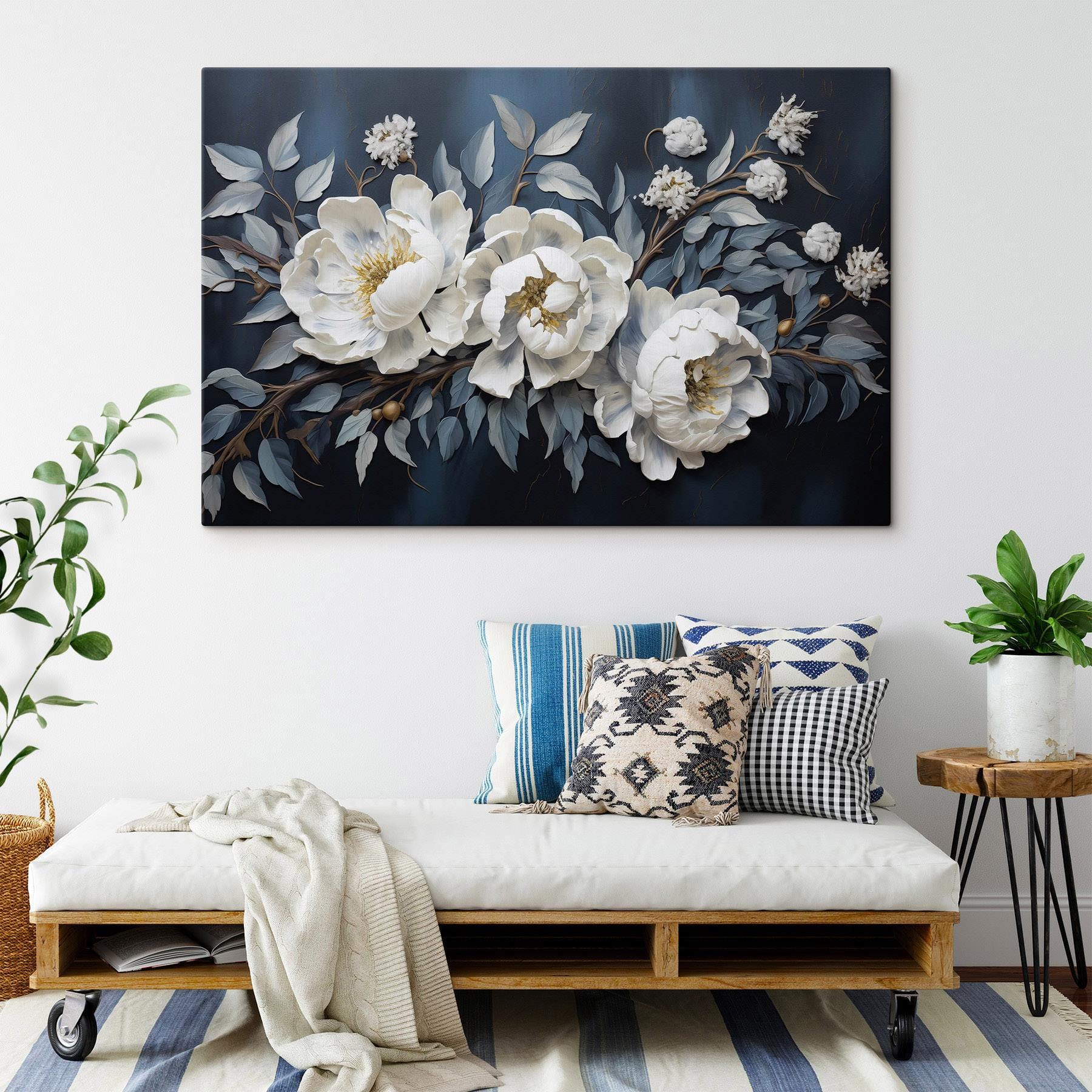 White flowers and leaves on a blue background