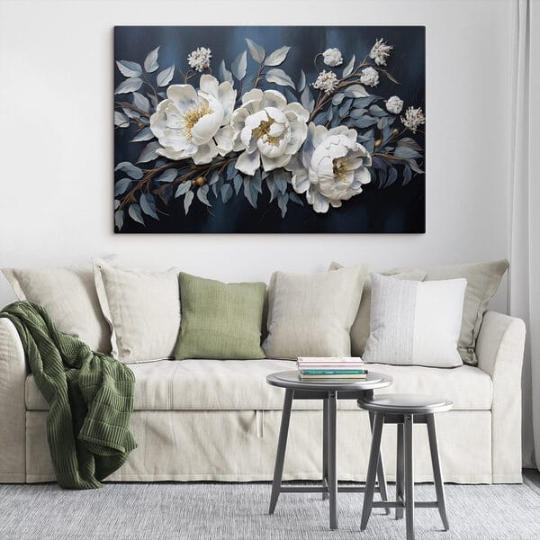 White flowers and leaves on a blue background