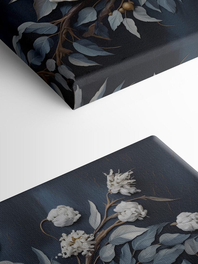 White flowers and leaves on a blue background