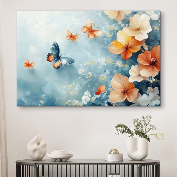 Cuadros Cuadros Mariposas y flores sobre un fondo azul (SKU: s42974)