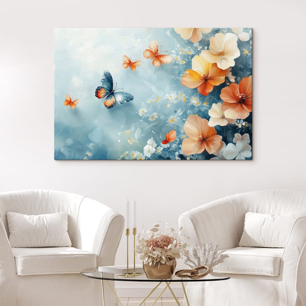 Butterflies and flowers on a blue background Butterflies and flowers on a blue background