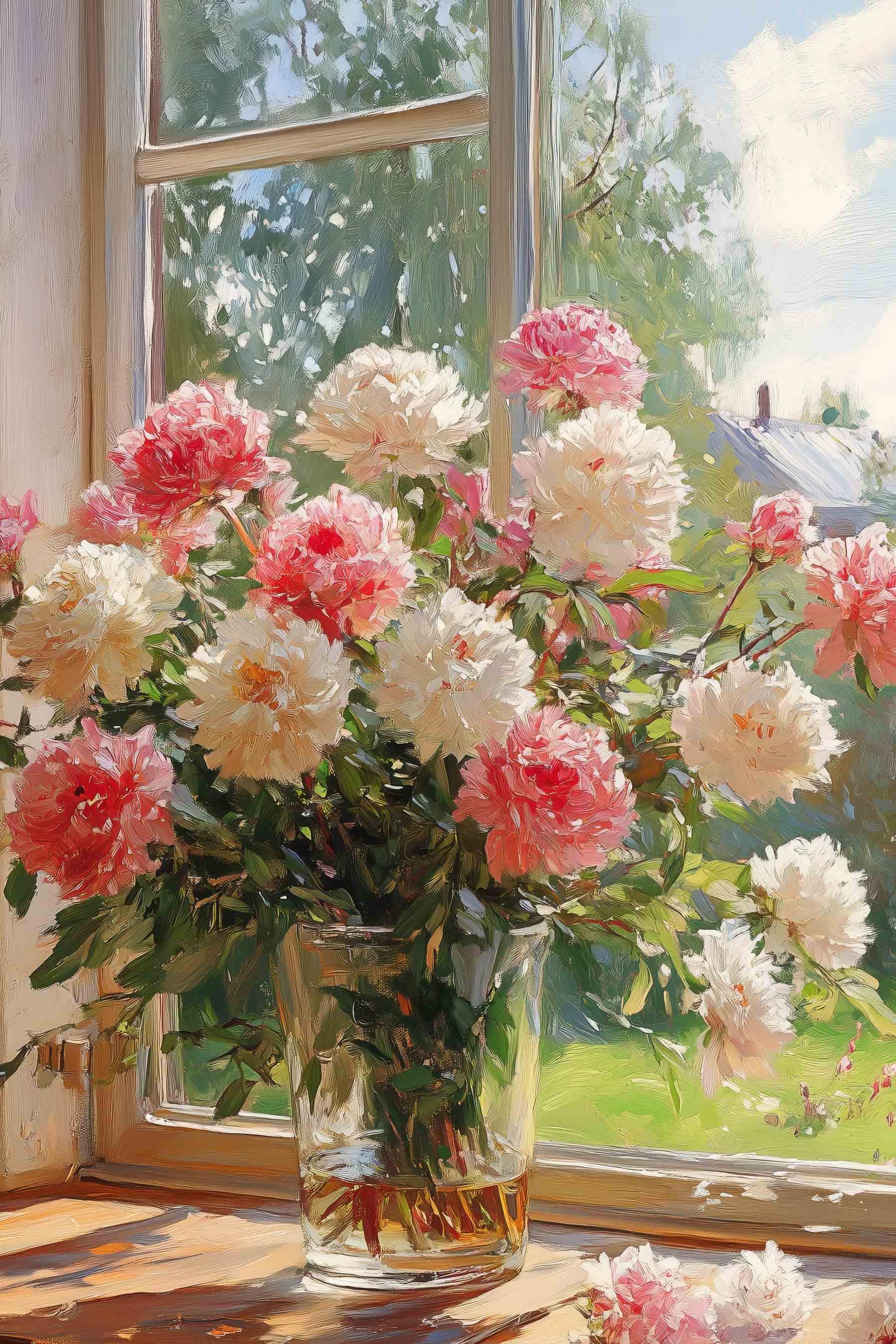 Vase of flowers in front of a window