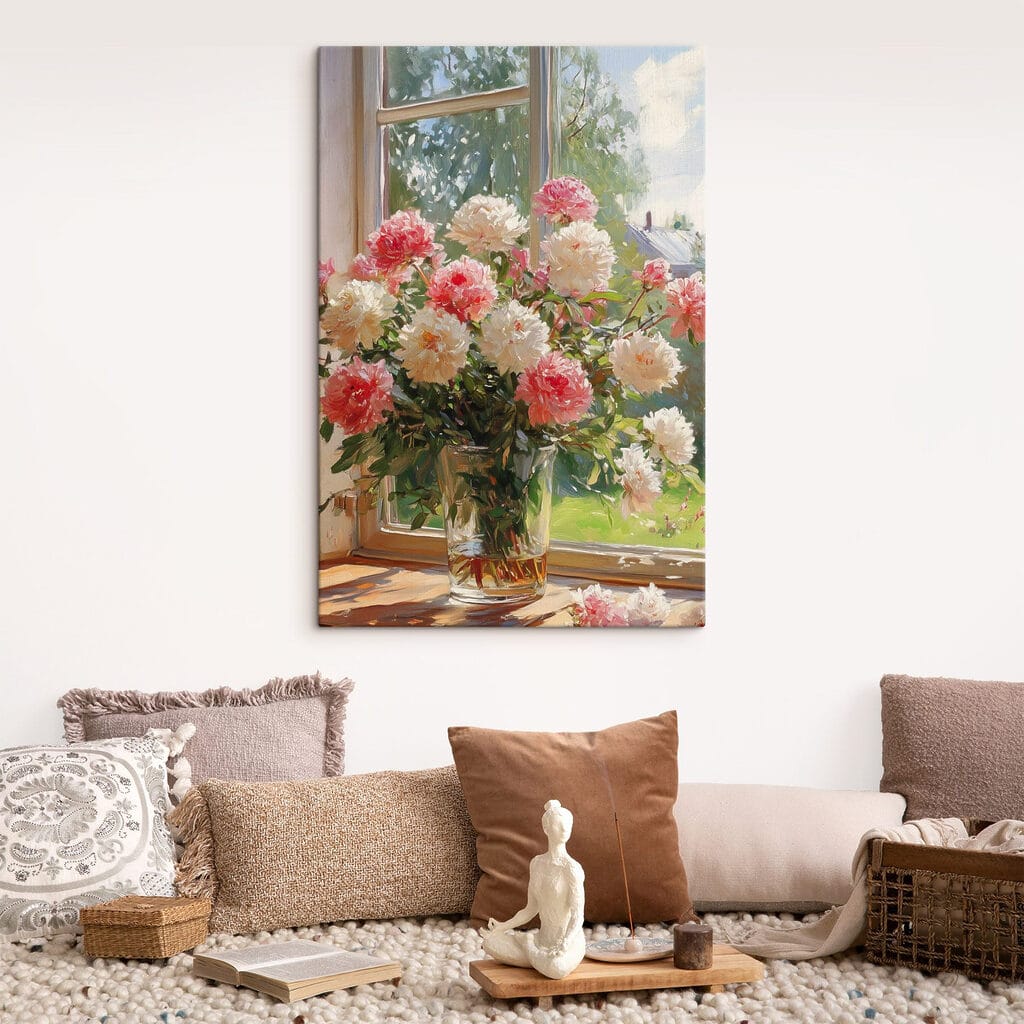 Vase of flowers in front of a window
