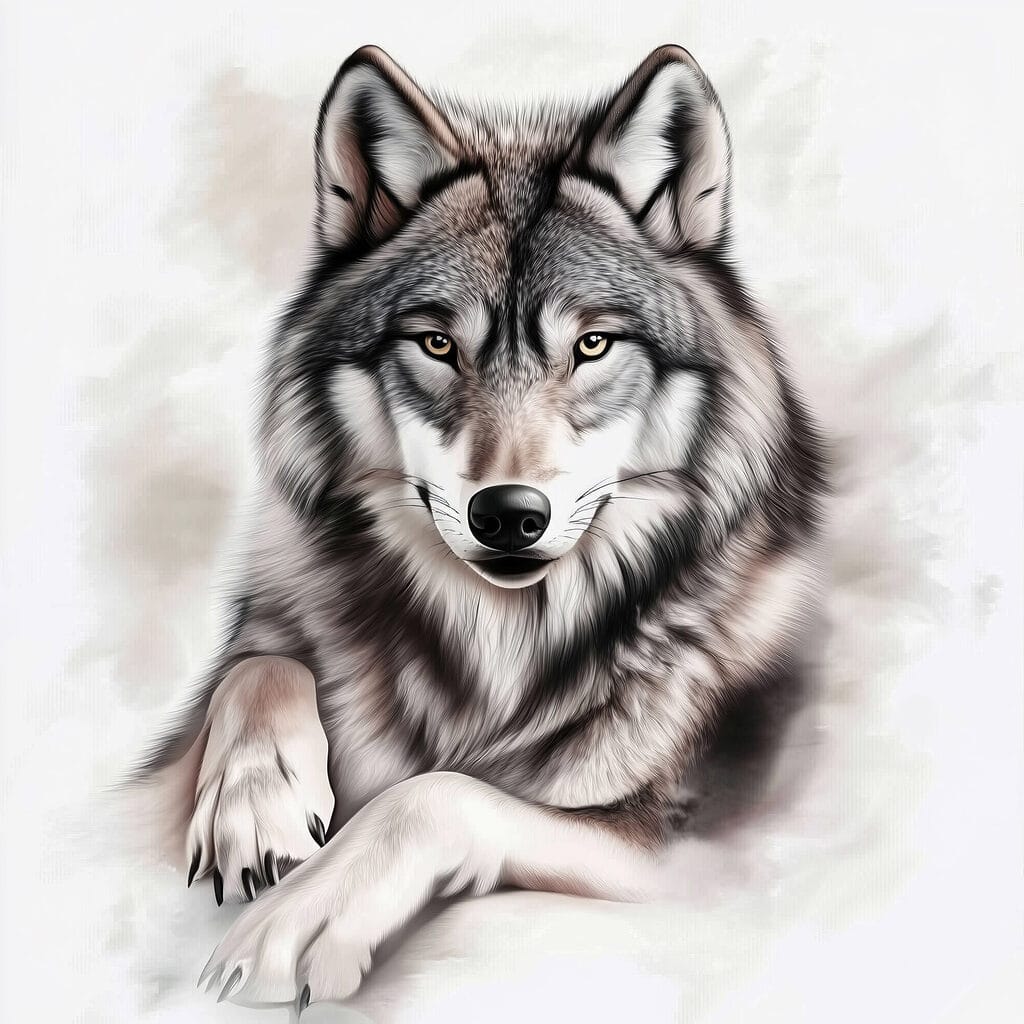 Wolf lying down looking at the camera