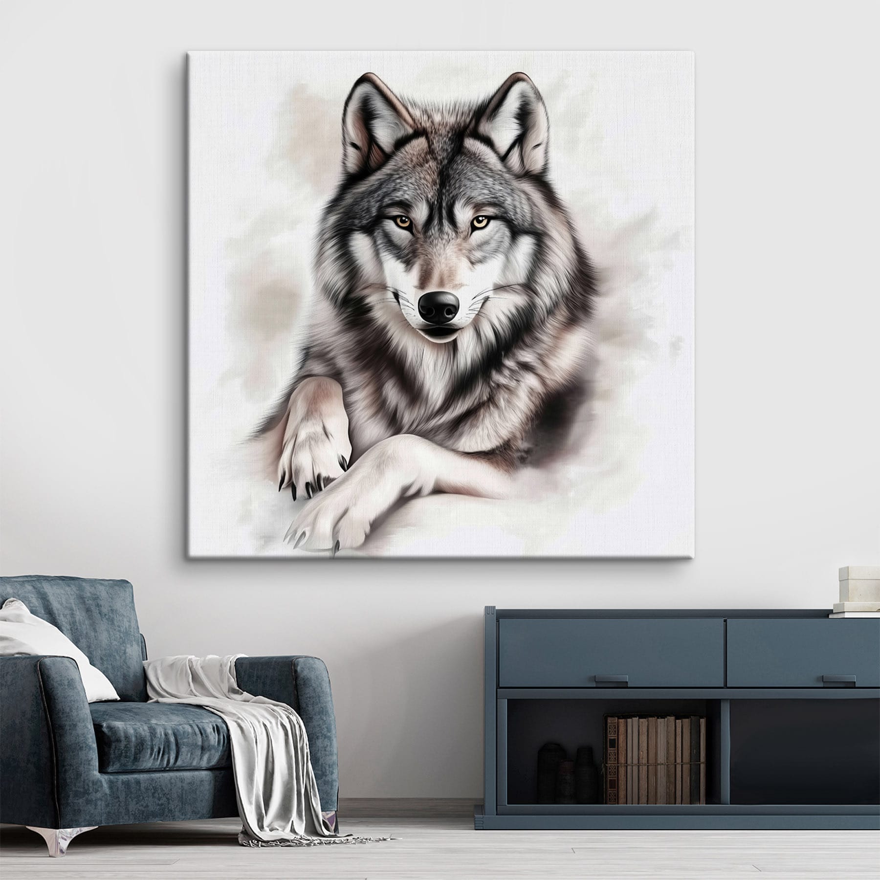 Wolf lying down looking at the camera