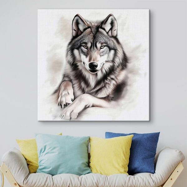 Wolf lying down looking at the camera