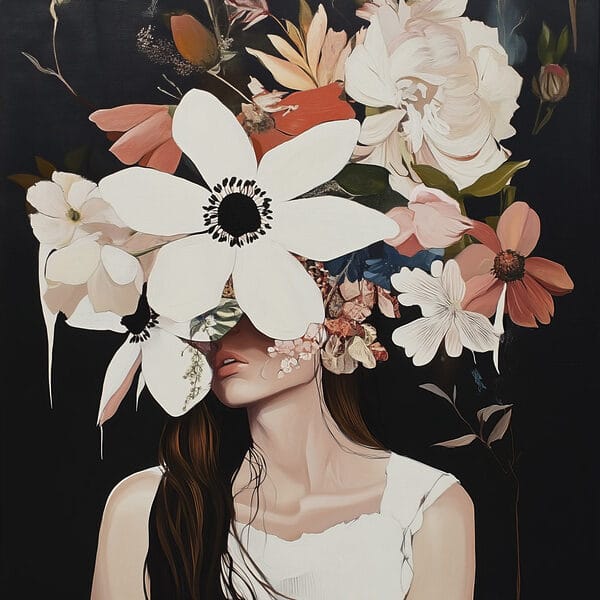 Painting of a woman with flowers on her face