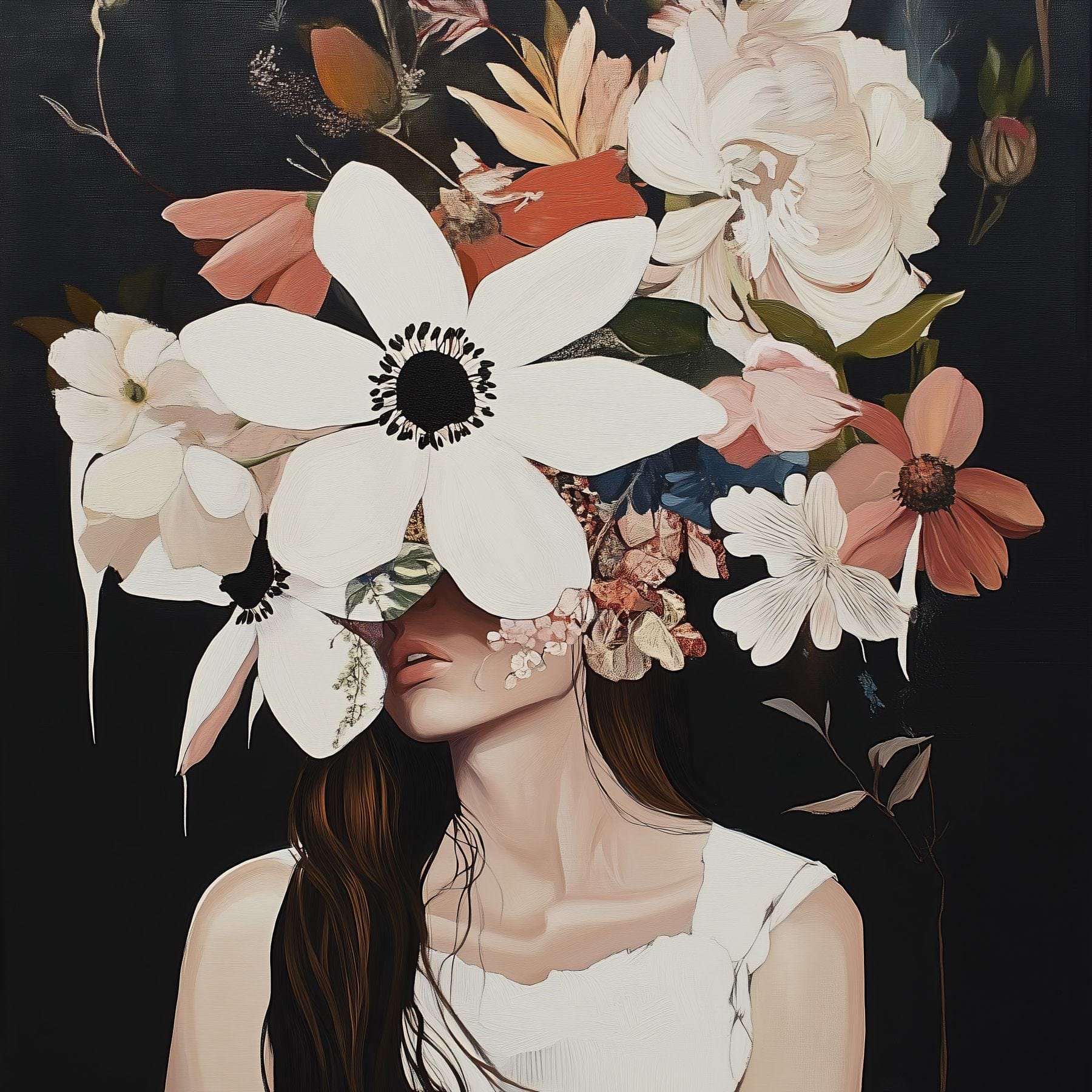 Painting of a woman with flowers on her face