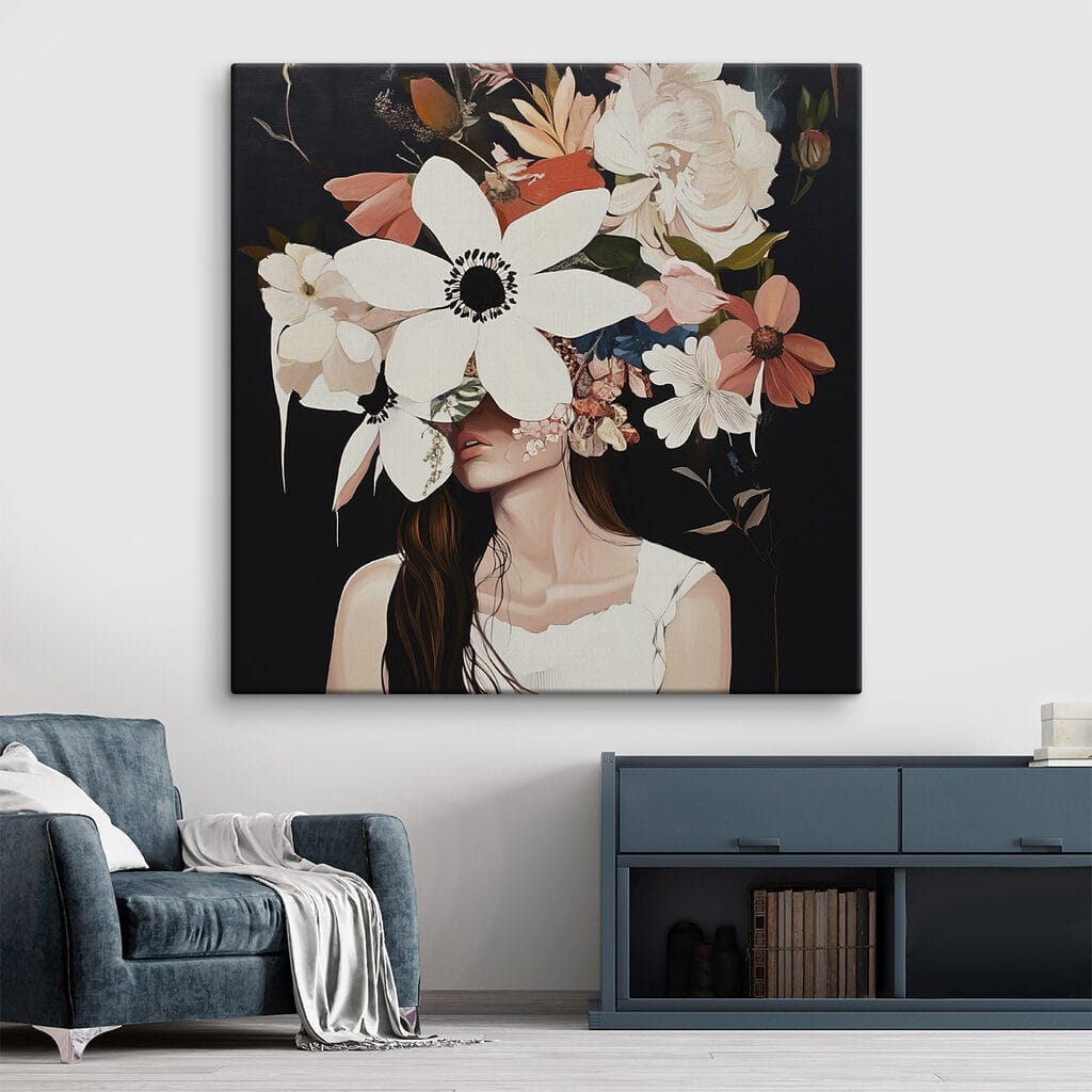 Painting of a woman with flowers on her face