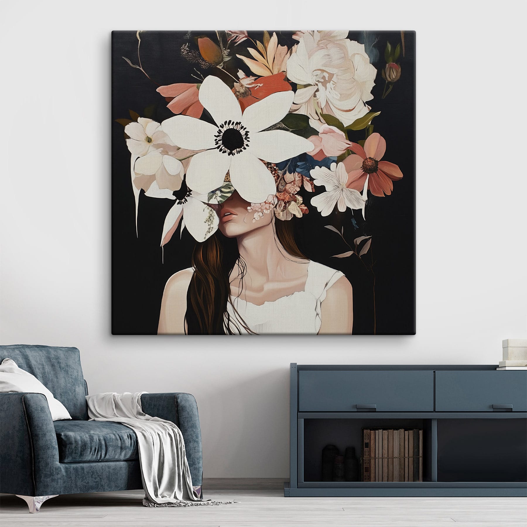 Painting of a woman with flowers on her face