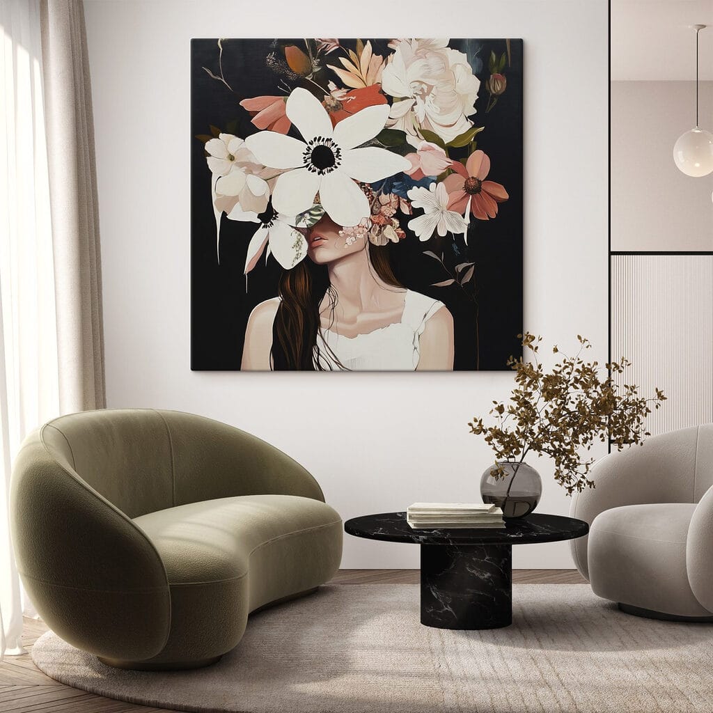 Painting of a woman with flowers on her face