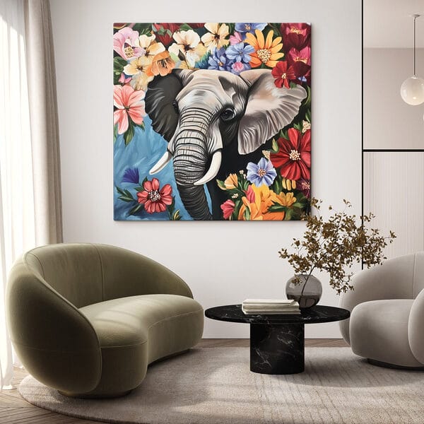 Cuadros Cuadros Un elefante con colmillos en un jardín de flores (SKU: s42990)