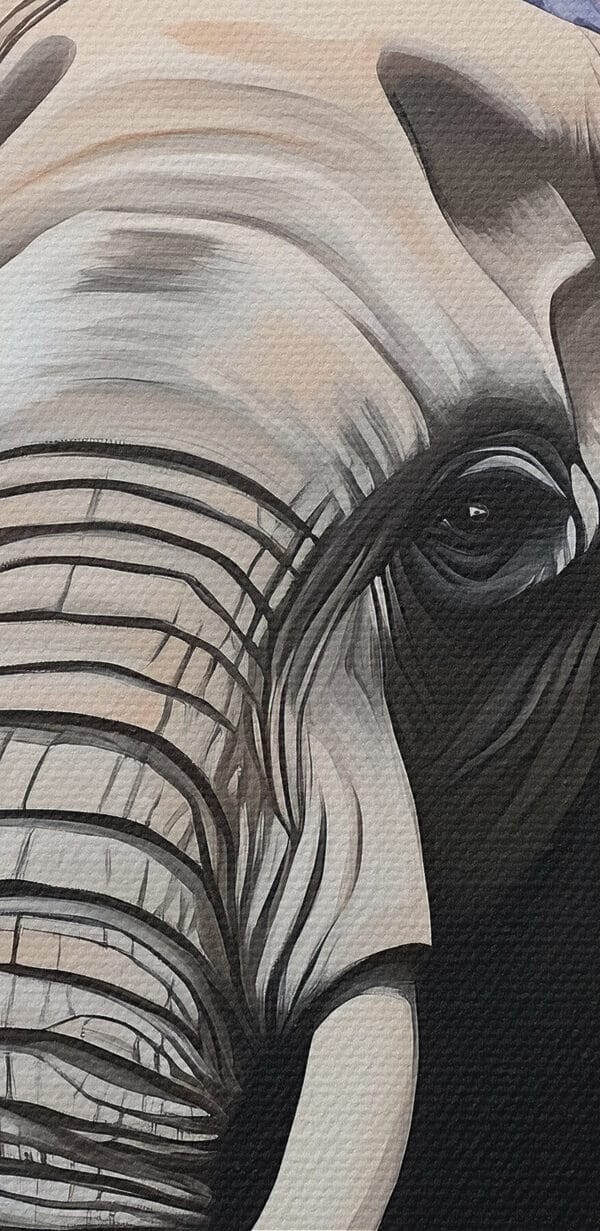 An elephant with tusks in a flower garden