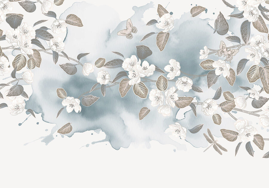 Flores y hojas blancas sobre fondo azul