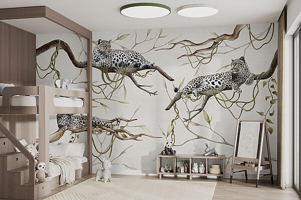 Group of leopards lying on branches