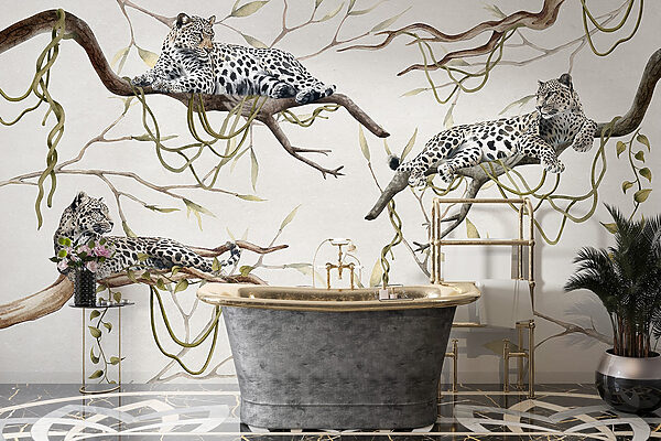 Group of leopards lying on branches