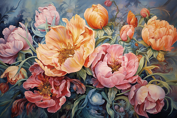 Painting of flowers on a blue background Painting of flowers on a blue background