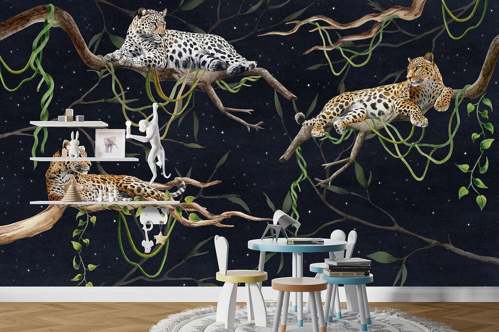 Group of leopards lying on branches Group of leopards lying on branches