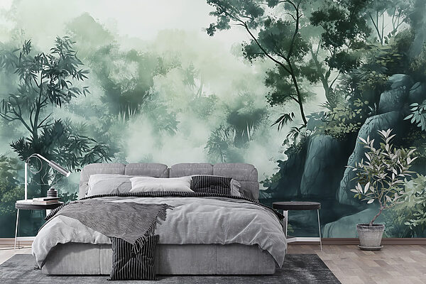 Fotomurales Fotomurales Bosque brumoso con árboles y rocas (SKU: w03149)