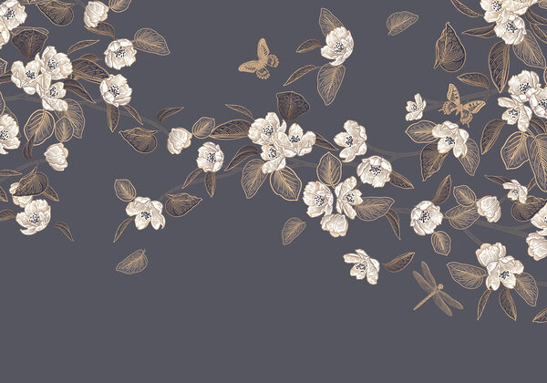 Flores y hojas blancas sobre fondo gris Flores y hojas blancas sobre fondo gris