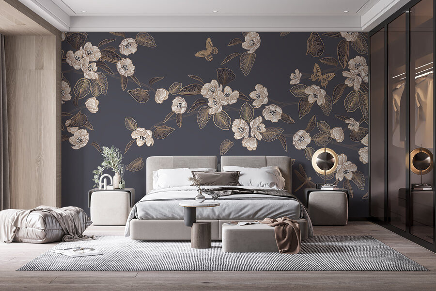 Flores y hojas blancas sobre fondo gris