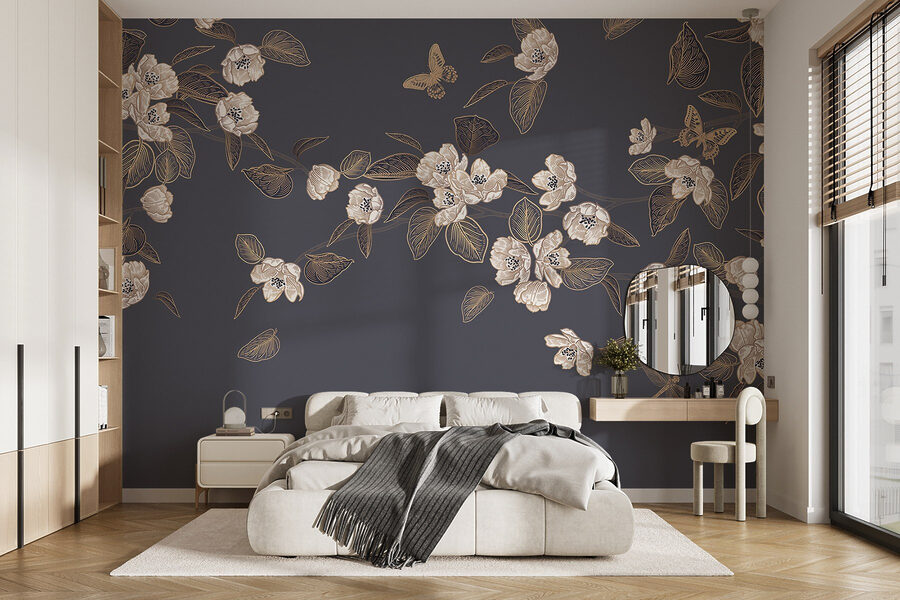 Flores y hojas blancas sobre fondo gris