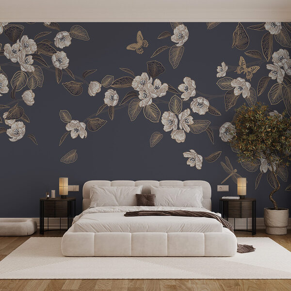 Flores y hojas blancas sobre fondo gris Flores y hojas blancas sobre fondo gris