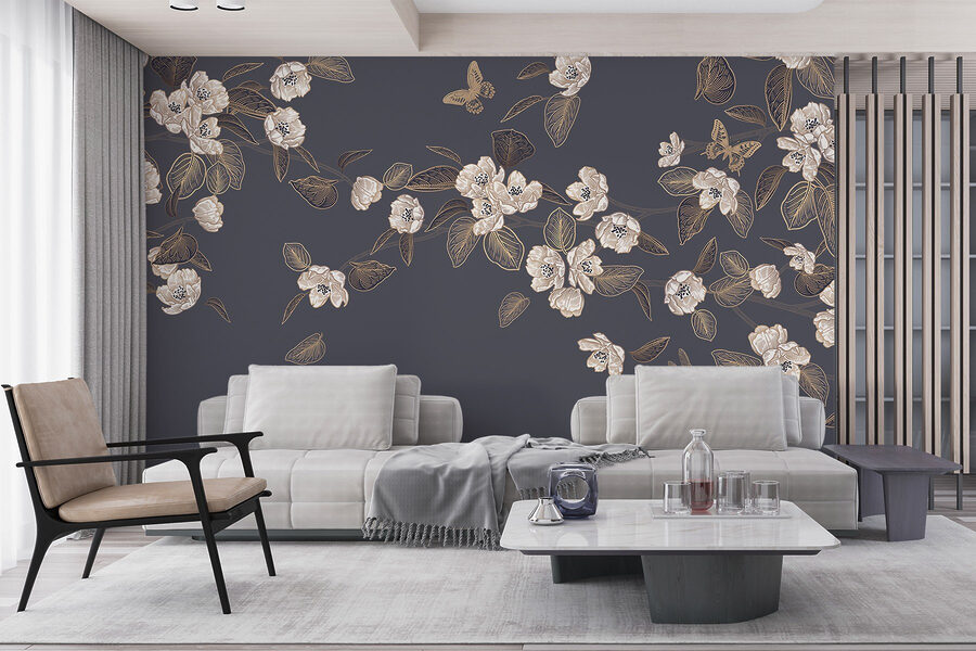 Flores y hojas blancas sobre fondo gris